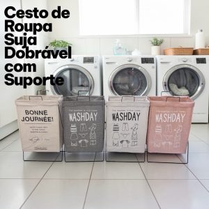 Cesto de Roupa Suja com Suporte de Ferro Dobrável Organizador Lavanderia