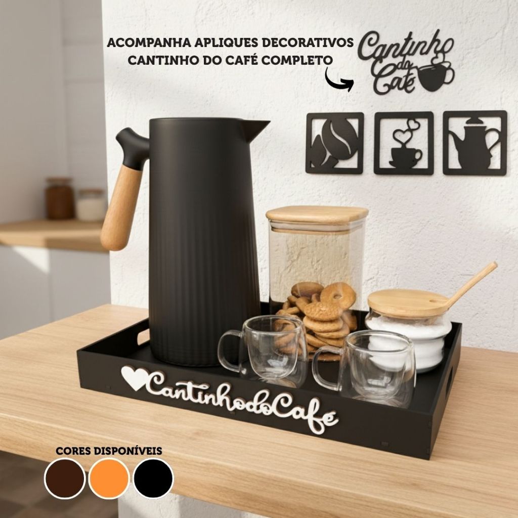 Kit Bandeja Cantinho Do Café + Apliques Decorativos Para Organização Cozinha Servir Chá Espaço Café
