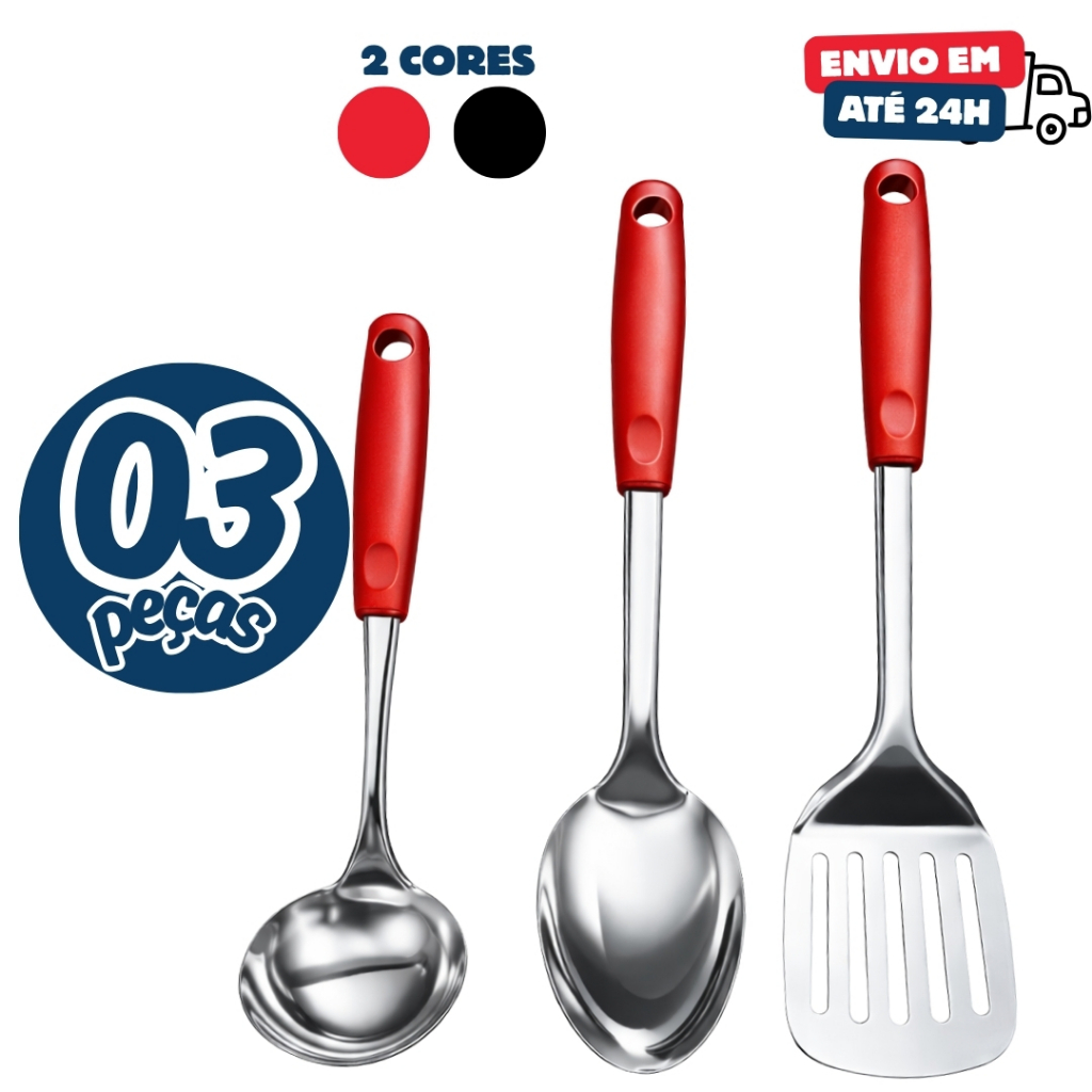 Kit 3 Utensílios Inox Concha Colher e Espatula Vazada Profissional Cozinha Restaurante Buffet