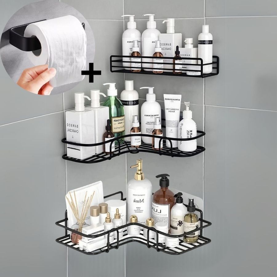 Conjunto Prateleiras para Banheiro com Suporte Organizador Autoadesivo - Porta Shampoo, Sabonete, Papel