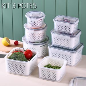 KIT 3 Potes Cesta De Alimentos De Drenagem Organizador Com Tampa De Geladeira Multiuso Para Cozinha
