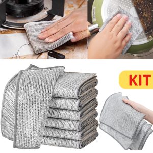 Kit Panos De Limpeza Aço Malha Arear Panela Fogão Toalha Louça Tira Gordura Reutilizável