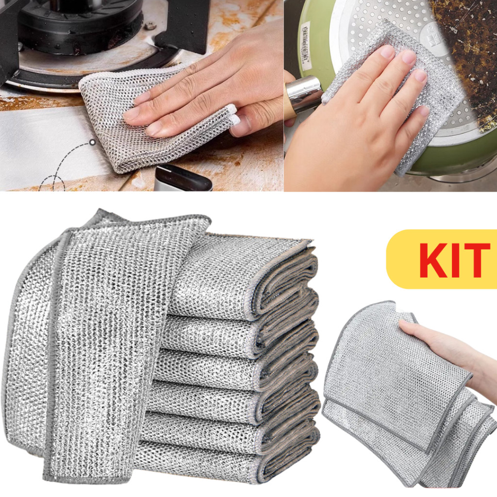 Kit Panos De Limpeza Aço Malha Arear Panela Fogão Toalha Louça Tira Gordura Reutilizável
