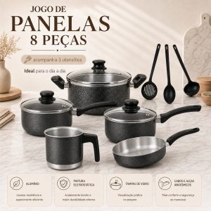 Conjunto de Panelas Alumínio Kit 5 Peças Caçarola, Panela, Frigideira, Leiteira + Espátulas