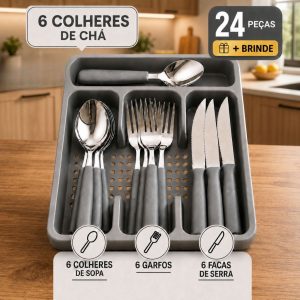 Conjunto Talheres Aço Inox 24 Peças com Suporte Gaveteiro para Mesa Posta