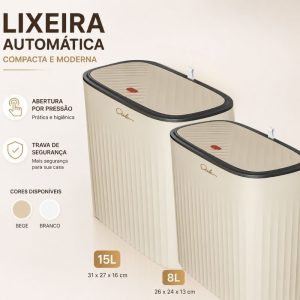 Lixeira Click 15L e 8L Tampa por Toque Antiodor para Cozinha Banheiro Quarto Branca e Bege Compacta