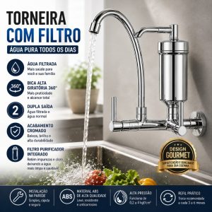 Torneira com Filtro de Parede Cromada 360° Dupla Saída Bica Alta + Refil Vela Carvão Ativado Cozinha