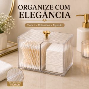 Organizador de Algodão e Cotonete 2 em 1 Premium Acrílico Transparente com Tampa Dourada