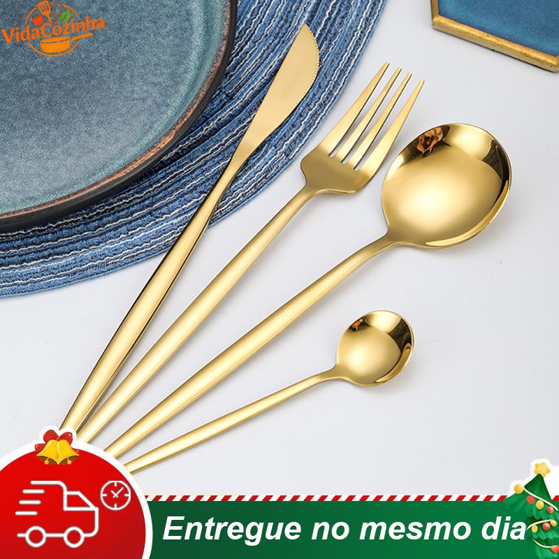 Dourado / Prata Talheres de Aço Inox Talheres de prata Garfo Colher Faca Colher De Mesa