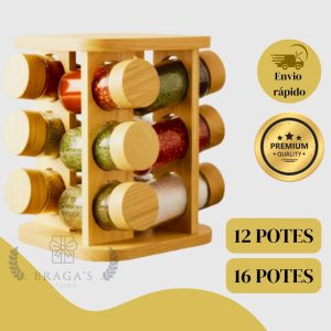 Porta Condimentos E Temperos de Bambu Premium 12 16 Potes De Vidro Com Tampa Dosadora Base Giratória Para Cozinha