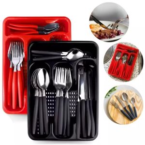 Kit Faqueiro 25 Peças Aço Inox com Suporte Organizador para Gaveta Cozinha Preto e Vermelho Completo Resistente