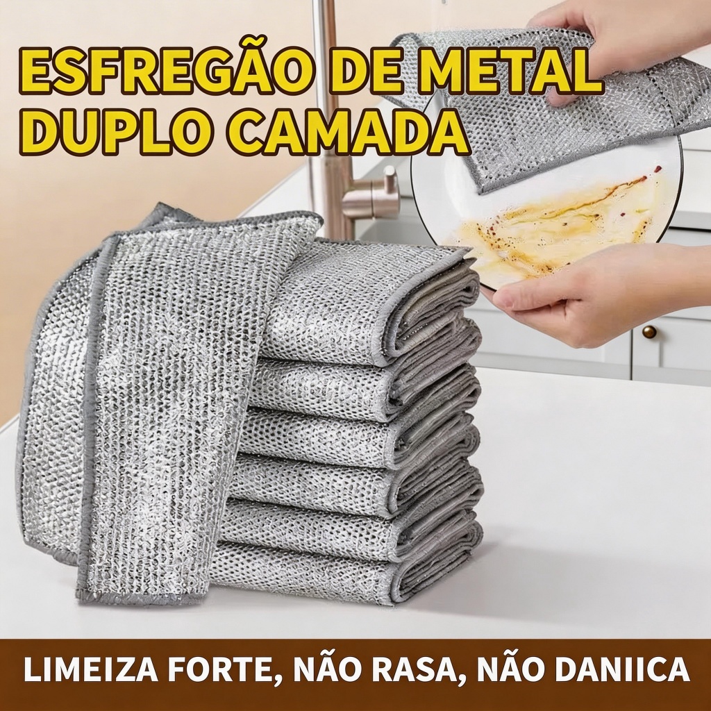 Pano de Limpeza em Malha Metálica 20x20cm Multiuso para Cozinha, Panelas e Fogão, Remove Gordura, Lavável e Reutilizável