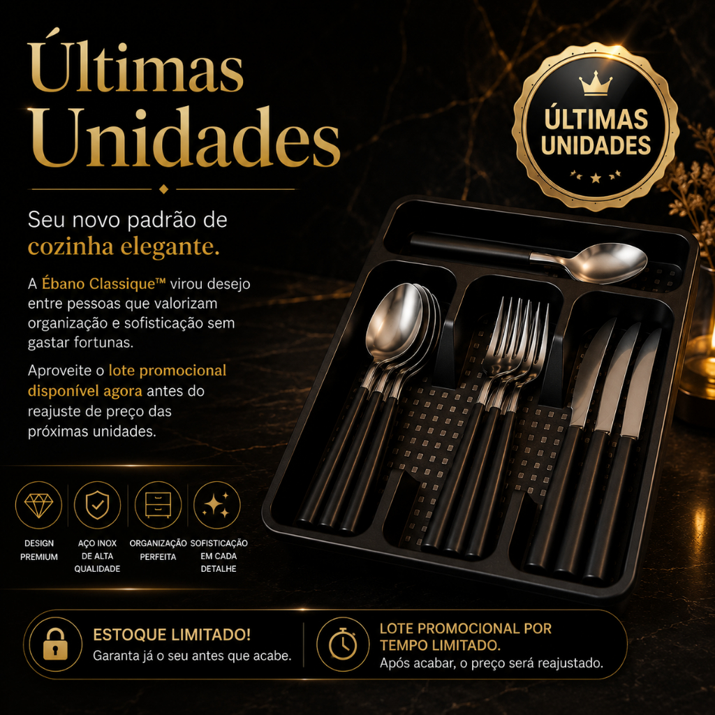 Conjunto Talheres Preto 17 Peças com Porta Talher Organizador Premium Ébano Classique™