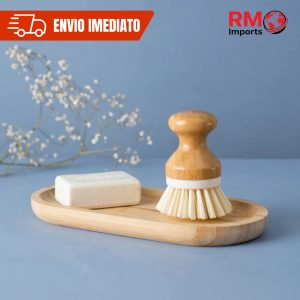 Escova de Limpeza Redonda Multiuso com Pega de Bambu para Cozinha e Banheiro