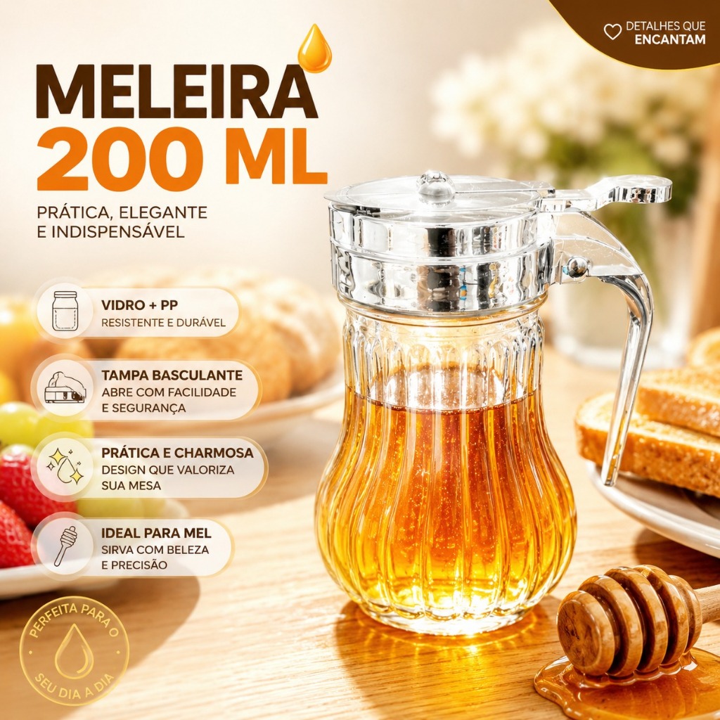Meleira De Vidro Com Alça 200ml Porta Mel Dosador Mesa Posta Cozinha Café Da Manhã Pronta Entrega Já