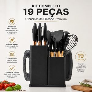 Kit Conjunto 19 Peças Utensílios de Cozinha Silicone e Plástico, Jogo Completo Facas, Batedeira, Colher e Pegador