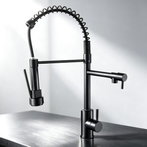 Torneira de Cozinha Preta Fosca com Mola Retrátil  2 Saídas de Água Independentes  Misturador Monocomando  Aço Inoxid