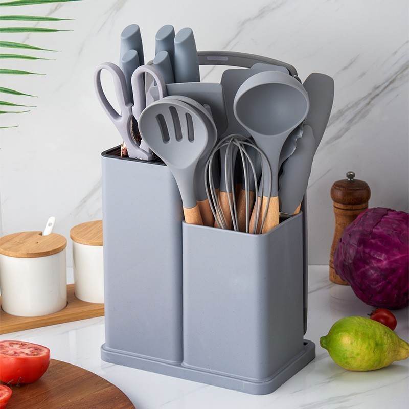 Kit Utensílios de Cozinha 19 Peças com Suporte Organizador Preto Silicone Completo Espátula Colher Pegador Faca Tesoura