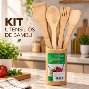 Kit Utensílios de Bambu 5 Peças Cozinha com Suporte Utilidade Doméstica