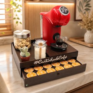 Porta Cápsulas Dolce Gusto, 3 Corações, Nespresso - MDF - Organizador com Gaveta - Cantinho do Café
