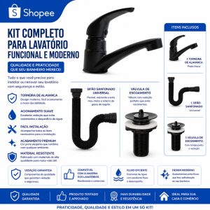 Kit Para Cuba Lavatório Torneira Pia de Banheiro Preta ABS + Valvula 7/8 + Sifão