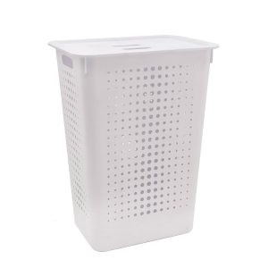 Cesto Organizador Roupa Suja 47L Branco Tampa Alças Ventilado Multiuso Organiza Casa Lavanderia Ou