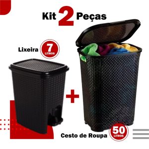 Kit Cesto de Roupa Rattan c/ Tampa e Alça Basculada 50LTS+ Lixeira 7 lts Rattan Preta ARQPLAST