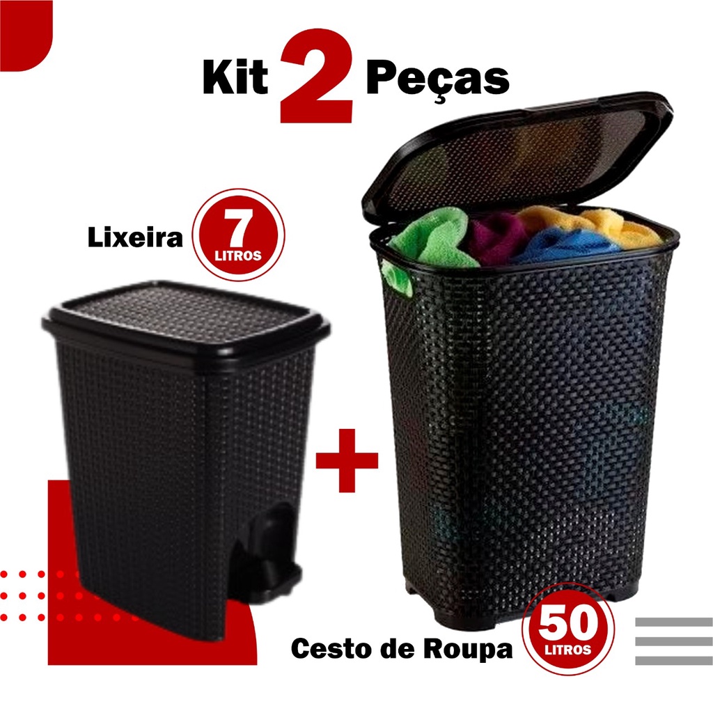 Kit Cesto de Roupa Rattan c/ Tampa e Alça Basculada 50LTS+ Lixeira 7 lts Rattan Preta ARQPLAST