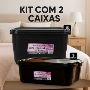 Kit 2 Caixas Plasticas Organizadoras  15 Litros E 9 Litros Com Tampa Vedação Cor Preta Black Elegante Multiuso  Versatil