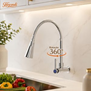 Torneira para Cozinha Heemli de Parede 2 Jatos Bica Flexível 360° Água Fria