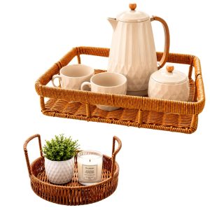 Bandeja Cesto Decorativa Rattan Bandeja de Servir Mesa Posta Cantinho do Café