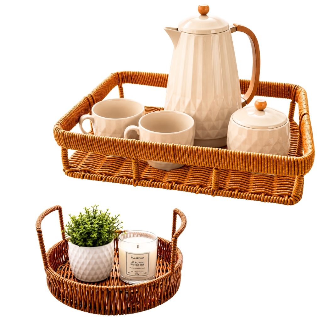 Bandeja Cesto Decorativa Rattan Bandeja de Servir Mesa Posta Cantinho do Café