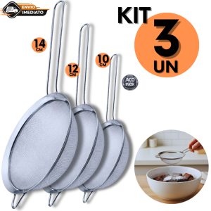 Kit Peneiras Aço Inox Cozinha 14 12 10cm Coador Líquidos Farinha Resistente Durável Não Enferruja