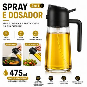 Spray de Óleo e Dosador 2 em 1 Borrifador de Azeite Dosador Galheteiro Vidro para Air Fryer Cozinha