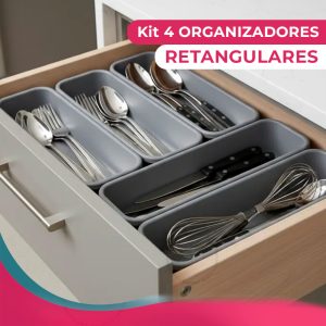 Organizador De Gavetas Porta Talheres Cozinha Utensílios Kit 4 Peças Multiuso Armário Cinza