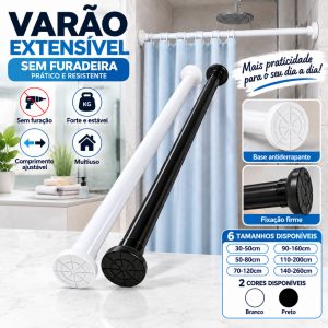 Varão Extensível de Pressão Sem Furar paraCortina de Banheiro e Janela Branco/Preto 6Tamanhos