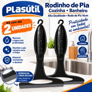 Kit 2 Rodinhos de Pia Plasutil 16cm Rodo de Pia Cozinha Banheiro Borracha Cinza Escura Rodo Pequeno Bancada Limpeza Casa