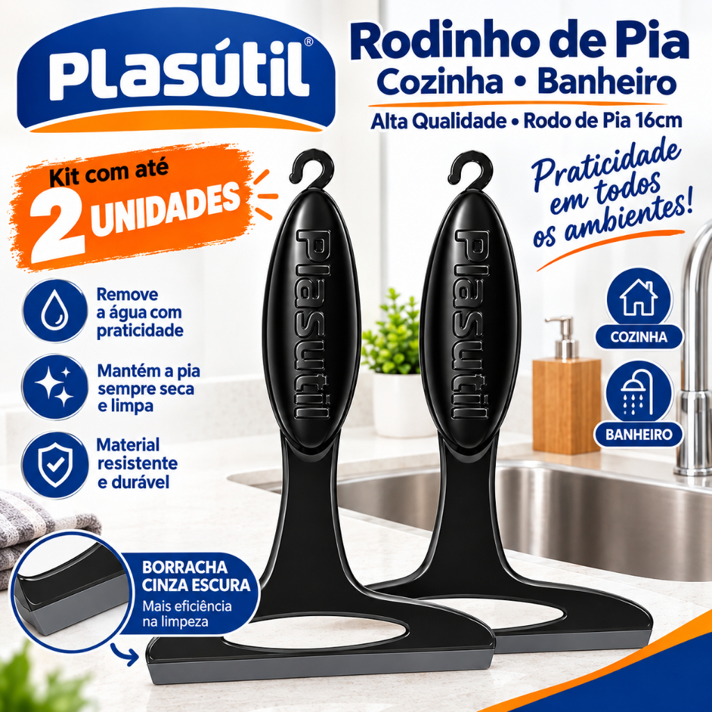 Kit 2 Rodinhos de Pia Plasutil 16cm Rodo de Pia Cozinha Banheiro Borracha Cinza Escura Rodo Pequeno Bancada Limpeza Casa