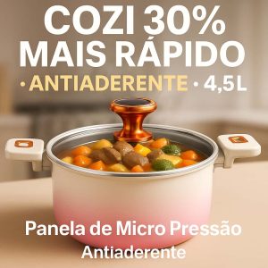 Panela de Micro Pressão 4.5L Antiaderente 24cm p/ Fogão a Gás e Elétrico – Cozinha 30% Mais Rápido
