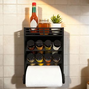 Porta Papel Toalha + Porta Temperos MDF 8 Potes 130ml Tampa Dosadora Dupla Organizador Cozinha