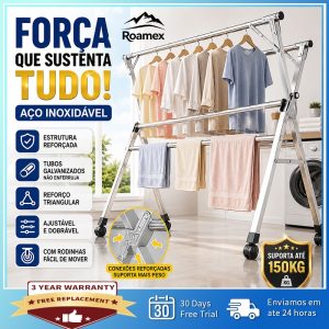 Varal de Chão Dobrável em Aço Inoxidável Extensível 2 ou 3 Barras com Rodízios Ajustável 160/200/240cm para Roupas Lavan