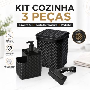 Kit Organizador de Pia Cozinha 3 Peças Lixeira 5L Porta Detergente Rodinho Rattan Preto